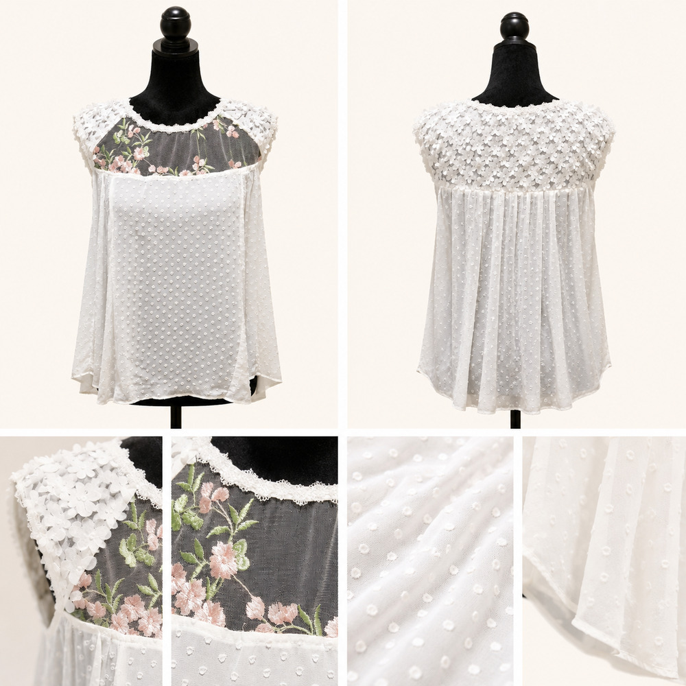 POL M Boho Cottagecore Fairy Swiss Dot Floral Applique High Low Babydoll Top